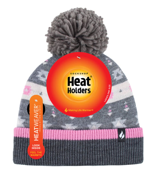 Heat Holders - Dames Thermische Winter Pom Pom Muts - Roze / Grijs - Image 2
