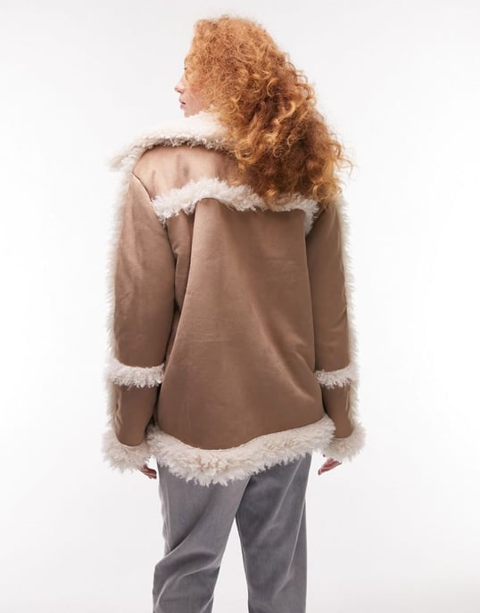 Topshop faux leather mid length 70s style car coat in tan-Brown