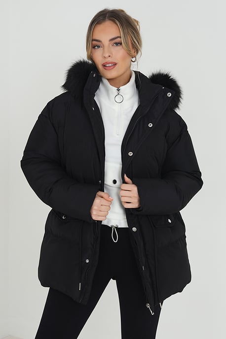 Black 'Narla' Mid Length Puffer Parka With Faux Fur Hood