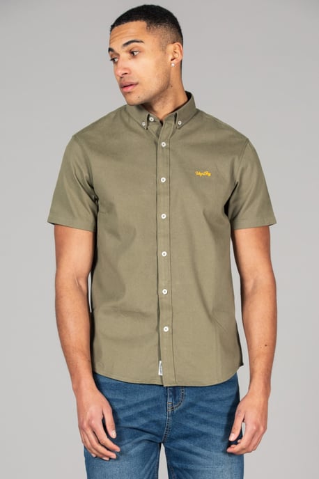 Olive Cotton Short Sleeved Button-Up Oxford Shirt