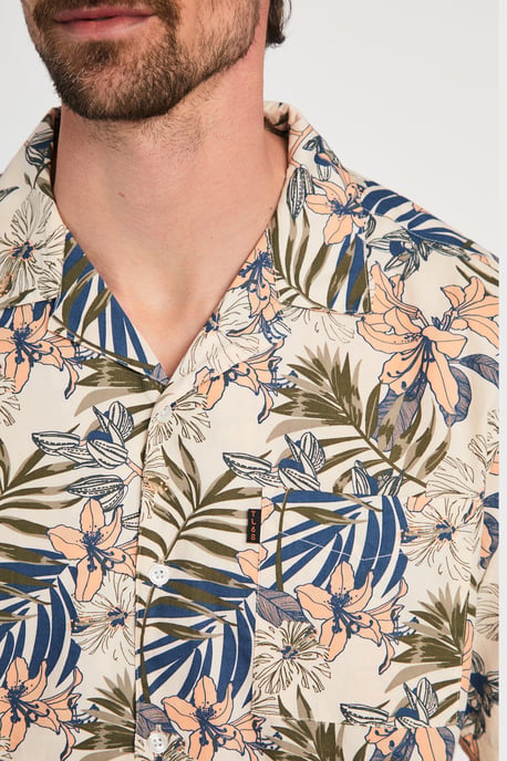 Cream Cotton Printed Poplin Short Sleeve Shirt