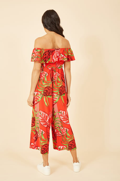Red Tropical Leaf Print Bardot Jumpsuit