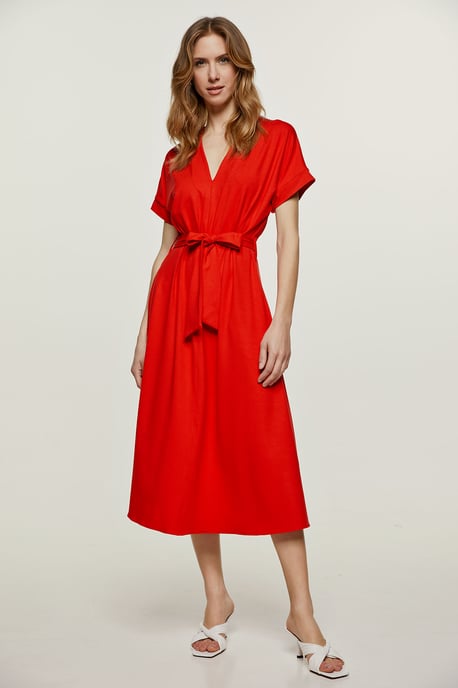 Red Jersey Belted Midi Dress