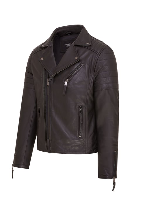 Mens Black Brando Double Cross Zip Leather Biker Jacket- Fagernes