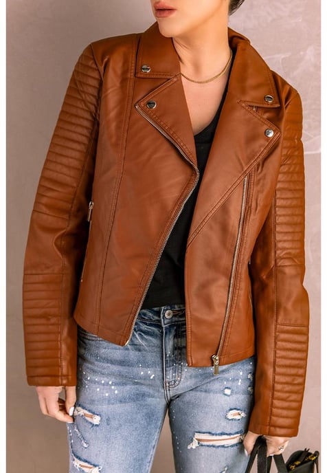 Azura Exchange Women's Ribbed Seam Detail Faux Leather Motorcycle Jacket in Brown - Image 1