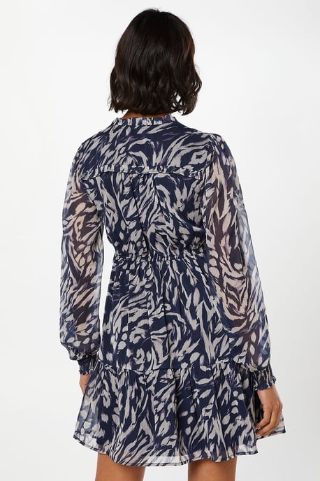 Navy Animal Chiffon Ruffle Hem Long Sleeve Mini Dress