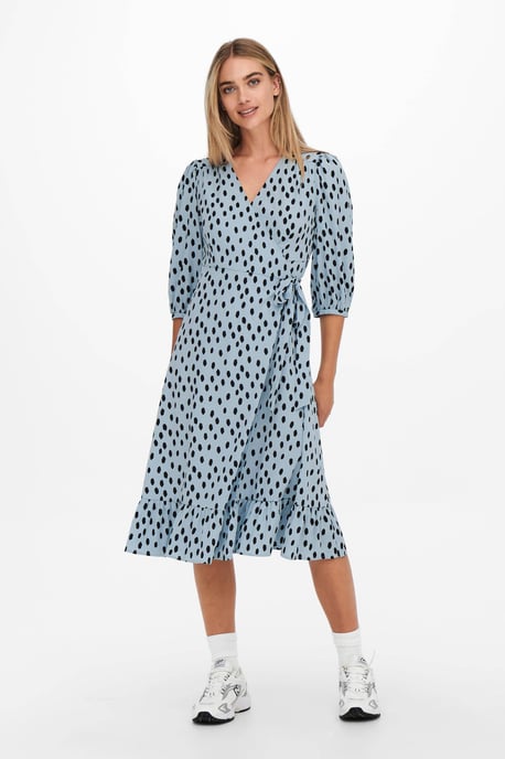 ONLY wikkeljurk ONLOLIVIA met all over print en volant lichtblauw/zwart