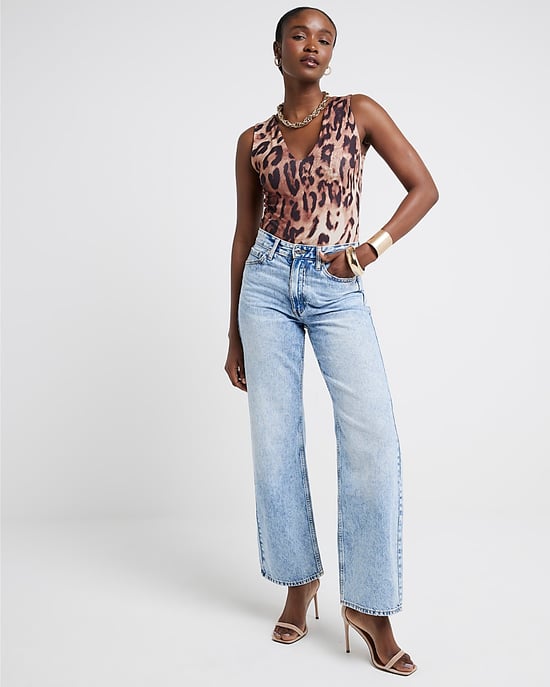 River Island Womens Bodysuit Brown Leopard Print V-Neck