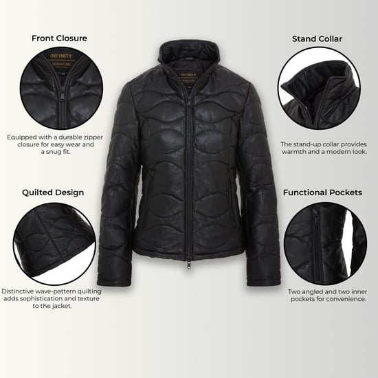 Womens Black Puffer Quilted Bomber Leather Jacket - Hamar