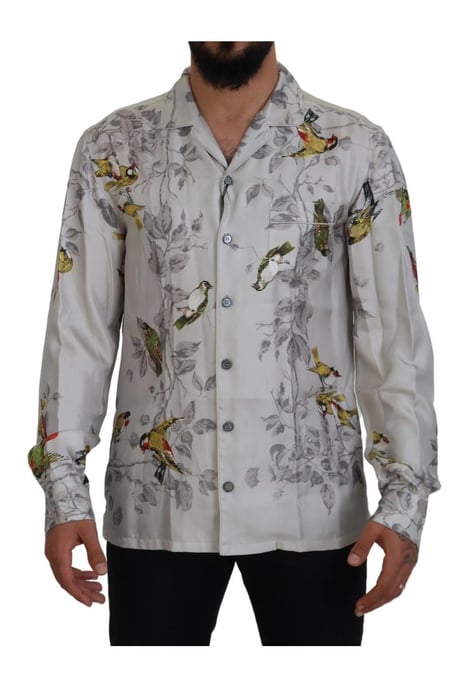 Dolce & Gabbana Heren Witte Vogelprint Zijde Satijnen Casual Overhemd - Image 1