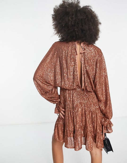ASOS DESIGN embellished tiered mini dress with tie detail in gold sequin