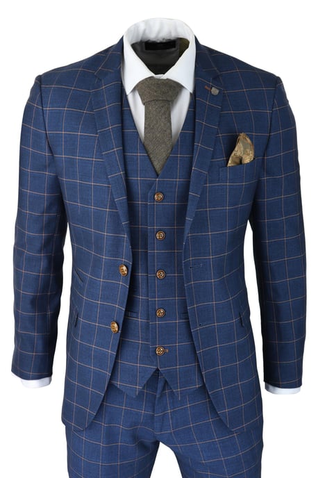 Heren 3-delige Kostuum Blauw Goud Check Peaky Blinders 1920 Gatsby Stijl Vintage Kostuum - Image 1