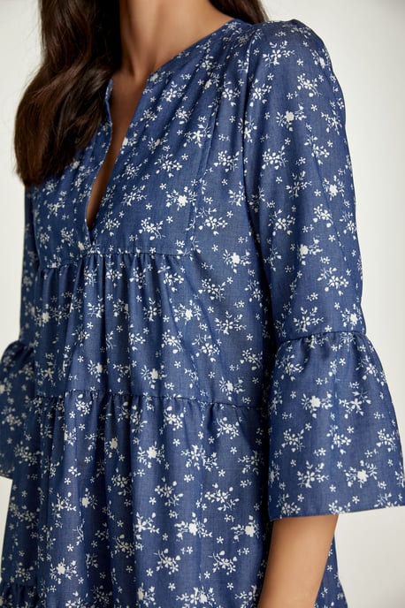 Indigo Floral A Line Dress with Bell Sleeves