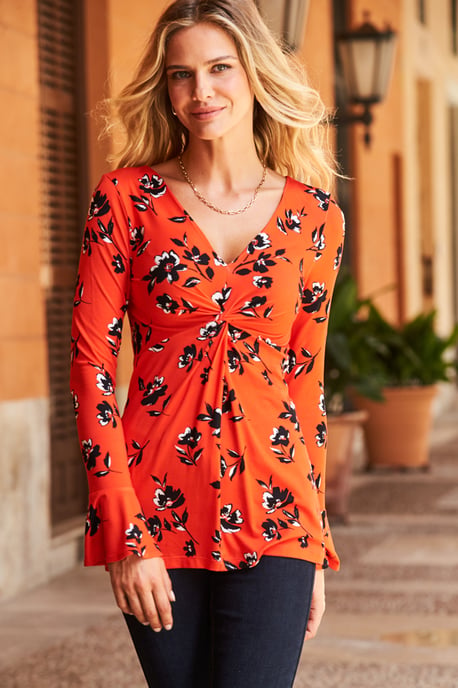 Red & Black Floral Print Twist Front Top