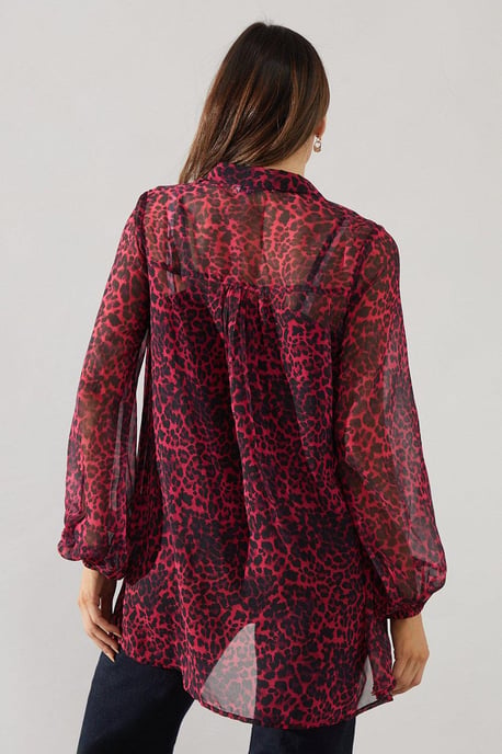 Berry Animal Print Collared High Low Shirt