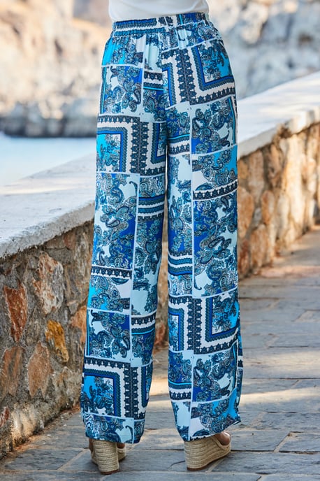 Blue Scarf Print Wide Leg Palazzo Trousers