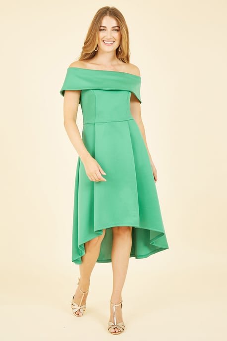 Mela Bright Green Bardot Dipped Hem Dress