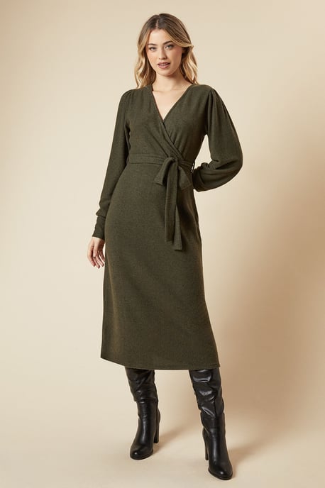 Brushed Wrap Belted Midi Dress
