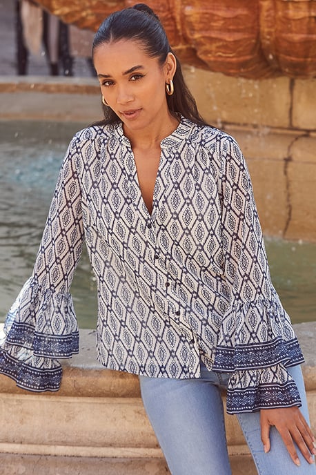 Navy Blue Geometric Print Fluted Cuff Contrast Trim Blouse