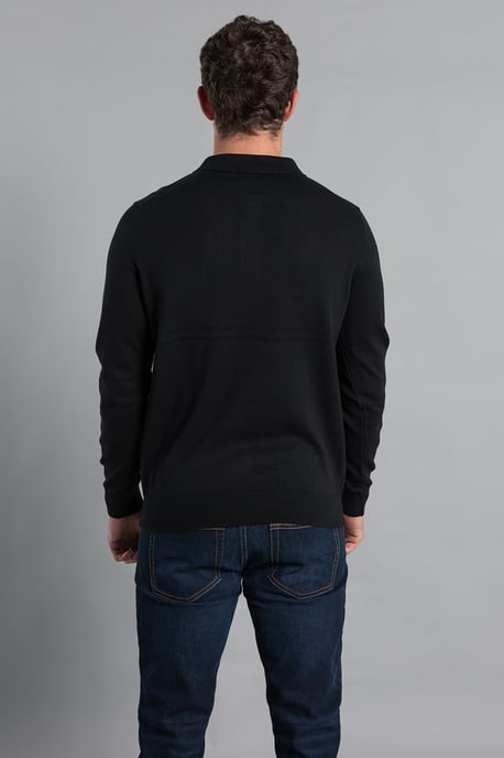 Black Cotton Knitted Long Sleeve Polo