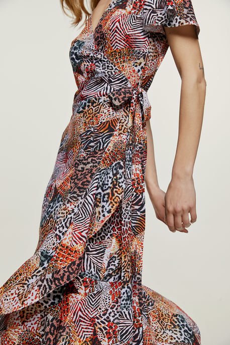 Orange Animal Print Ruffle Detail Wrap Dress