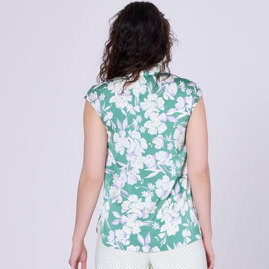 Mouwloze blouse met brede platte kraag en macro bloem afdrukken - Image 4