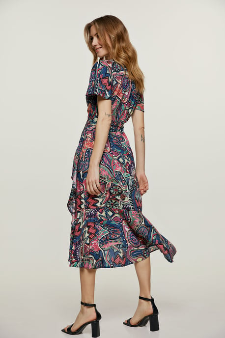 Print Ruffle Detail Wrap Dress