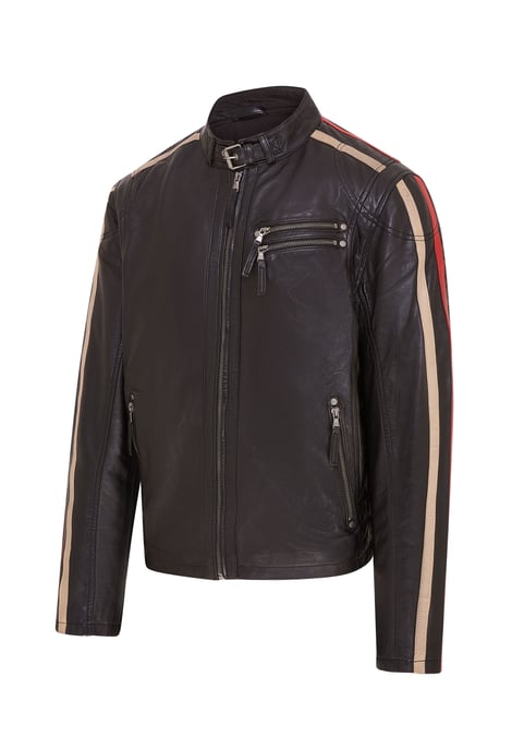 Mens Striped Cafe Racer Biker Leather Jacket - Alta