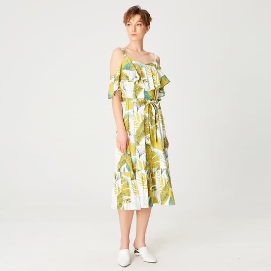 Tropical print trapeze dress with ruffles and thin straps