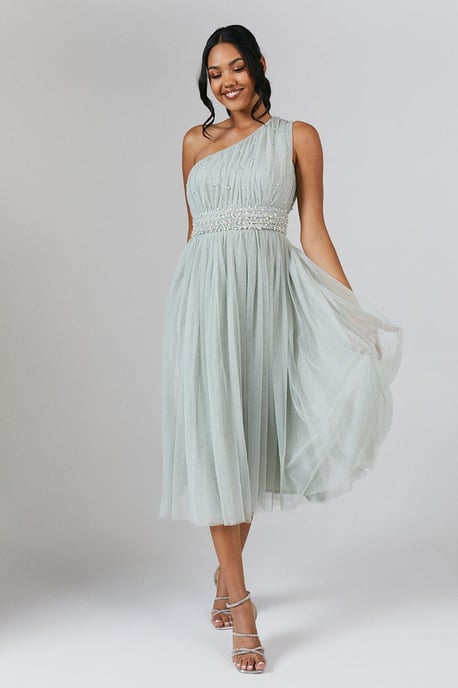 One Shoulder Pearl Embellished Mesh Bridesmaids Midi Dress - Image 1