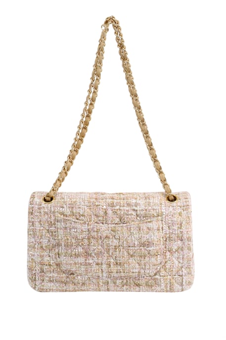 Chanel Classic Flap Shoulder Bag with Gold Tone Metal  in Pastel Pink Tweed and Leather