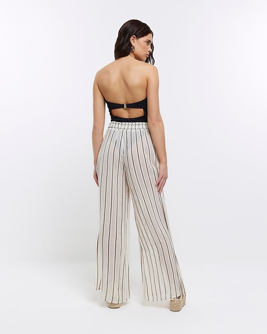 River Island Womens Trousers Beige Sheer Stripe Split Hem