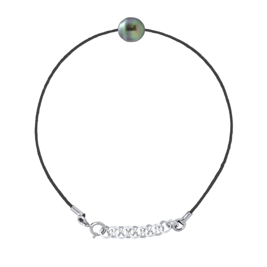Bracelet Love Links in Twisted Nylon of Black Color adorned with a Real Cultured Tahiti Pearl Circled 8-9 mm