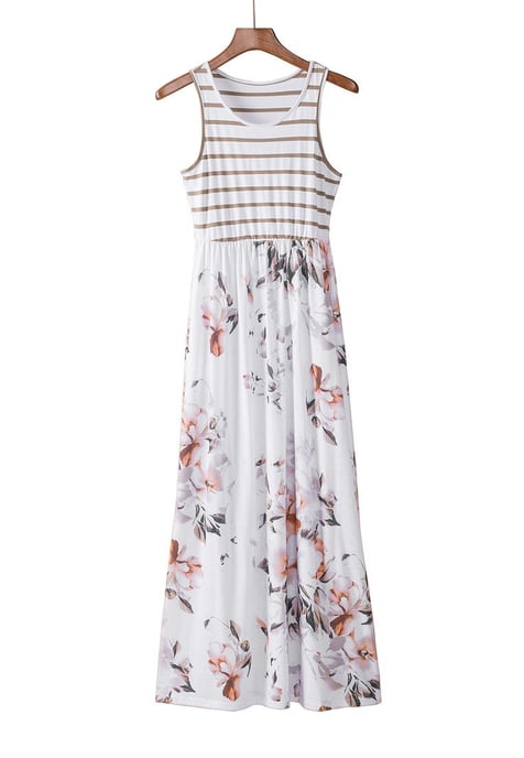 Dames Bloemenprint Mouwloze Maxi Jurk met Zak in Wit - Image 2