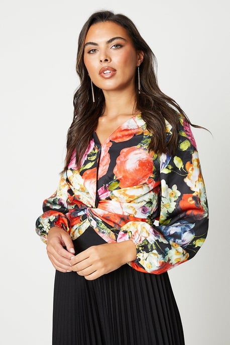 Satin Twist Front Blouson Sleeve Top
