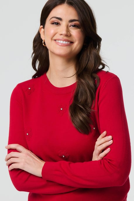 Red Floral Gemstone Embellished Jumper - Image 4