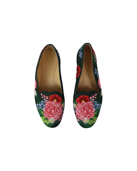 Charlotte Olympia Rozenhof Bloemig Geborduurde Instappers in Groene Stof - Image 5