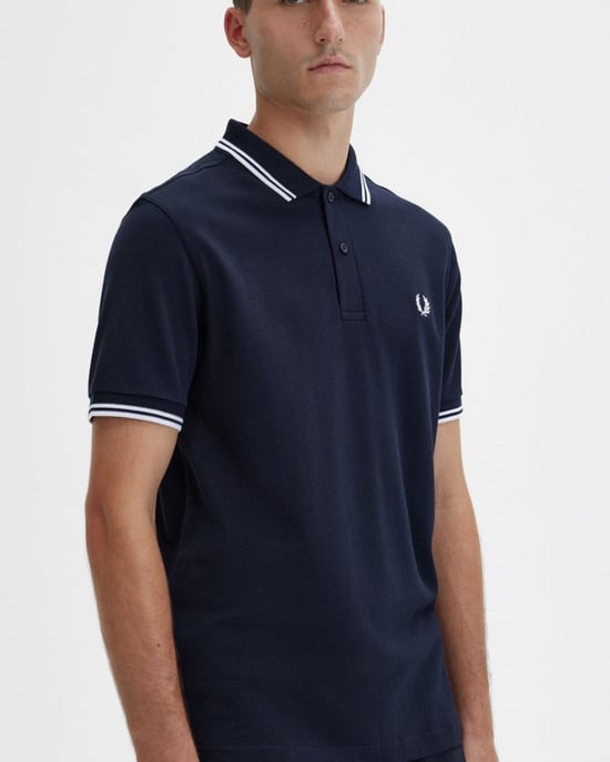 Fred Perry Heren Twin Tipped Poloshirt in Marineblauw/Wit/Wit - Image 4