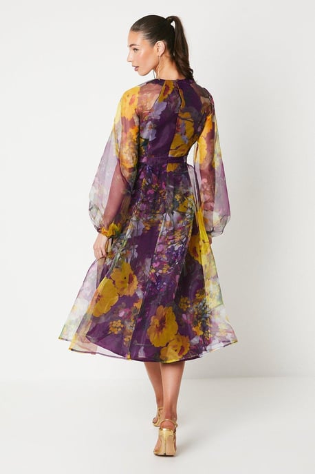 Organza Wrap Waist Puff Sleeve Midi Dress