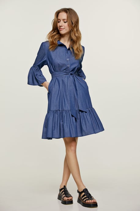 Denim Jurk met Klokmouwen en Ruches - Image 1