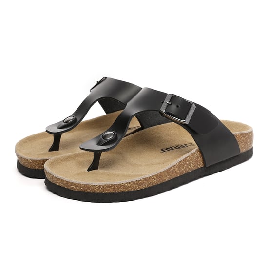 EVER AU Women Flamingo Leather Toe Thong Sandals - Black Leather