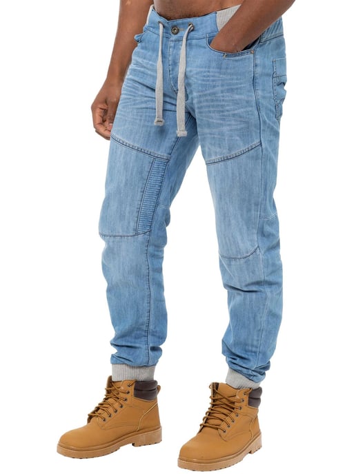 Enzo| Mens Denim Cuffed Jogger Jeans - Light Blue
