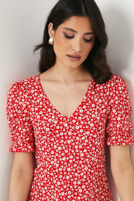 Red Ditsy V Neck Short Sleeve Midi Dress - Image 2