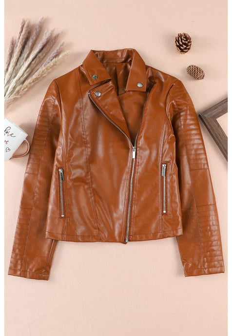 Azura Exchange Women's Ribbed Seam Detail Faux Leather Motorcycle Jacket in Brown - Image 2