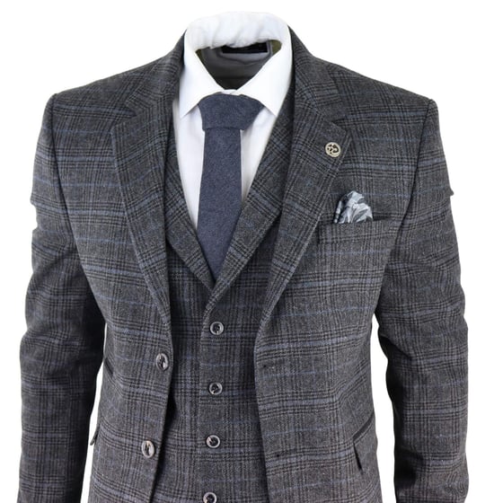 Heren Grijs Ruit 3-delige Tweed Pak Peaky Blinders 1920s Gatsby Aangepast Fit - Image 3
