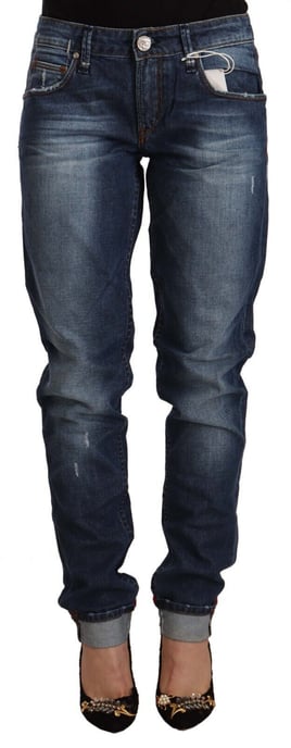 Acht Dames Blauw Gewassen Midden Taille Slim Fit Denim Opgerolde Zoom Jeans - Image 1