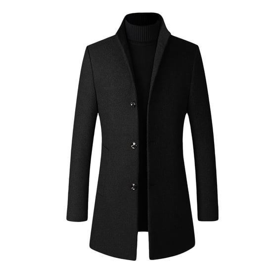 Men's Wool Long Slim Fit Stand-Up Collar Business Coat for Winter Black