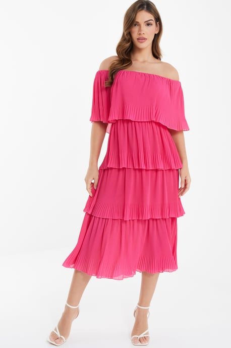 Pink Bardot Tiered Midaxi Dress