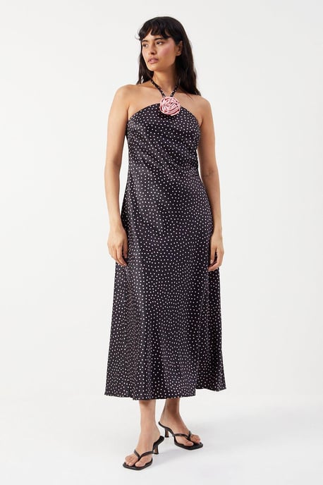Satin Corsage Detail Bias Cut Midi Dress