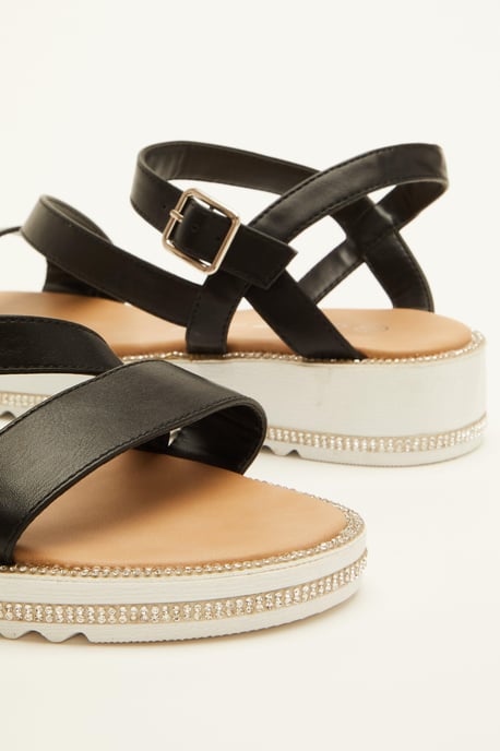Black Faux Leather Flatform Sandals